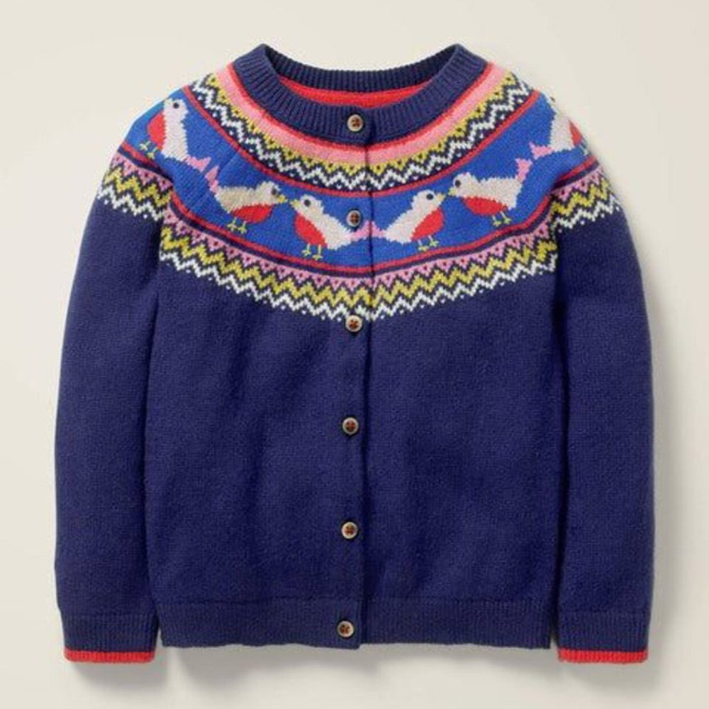 mini boden sweater 8/9 fair isle bird cardigan